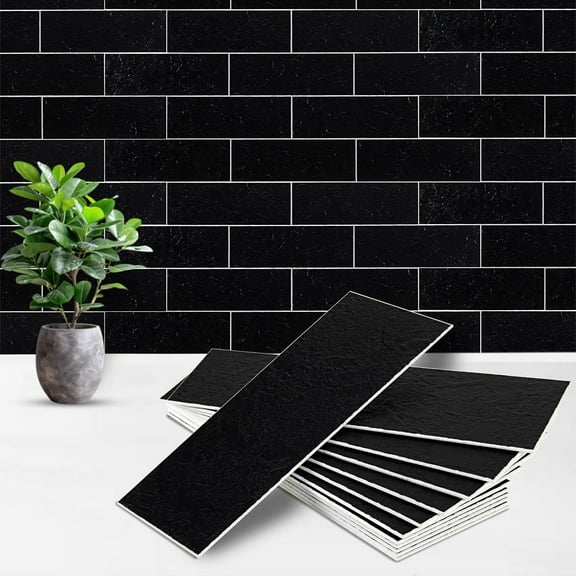 40PCS Peel and Stick Backsplash, 3" x 9" SPC Subway Tiles, Upgraded Structured Soft Glossy Castle Black Slate with White Grout Backsplash Stick on Tile for Kitchen, Bathroom, Fireplace, RV