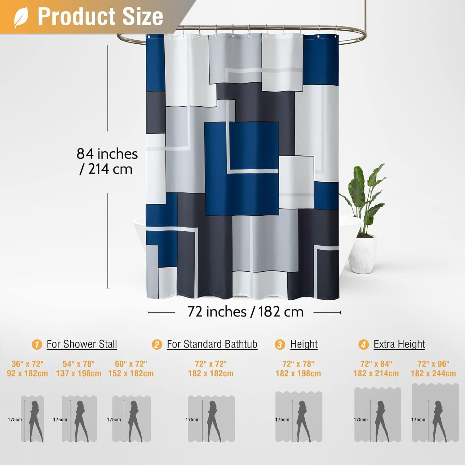 Extra Long Shower Curtain, 72x84 Inches Long Geometric Waterproof Cloth Shower Curtain Set with 12 Hooks, Weighted Hem, Tall Modern Polyester Fabric Shower Curtain for Bathroom - Navy Blue