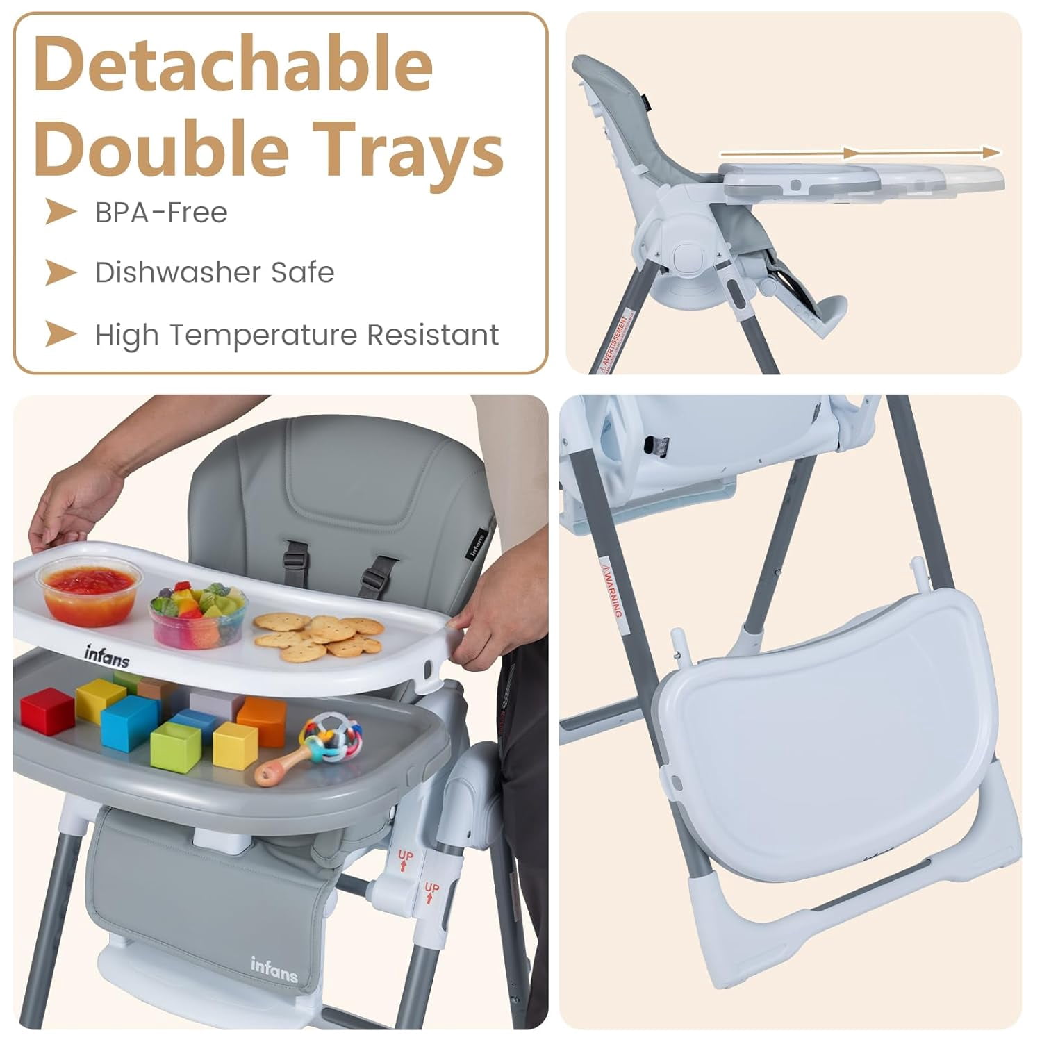 INFANS High Chair for Babies and Toddlers, Foldable Highchair with 7 Different Heights 4 Reclining Backrest Seat 3 Setting Footrest, Removable Tray Built-in Rear Wheels with Locks