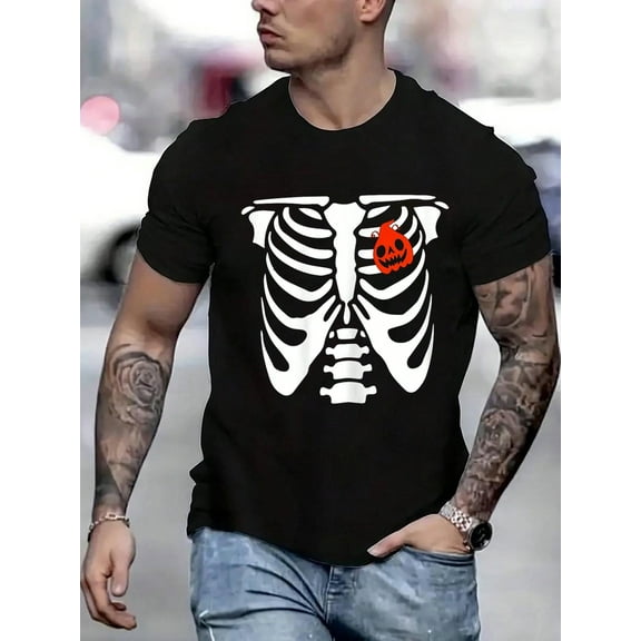 100 Cotton Graphic Tees Halloween Skelton Rib Cage Pumpkin Heart Costume Men Women Men T-Shirt Crew Neck Short Sleeve T-Shirt, Casual Print Graphic Cotton Tees Men Tops