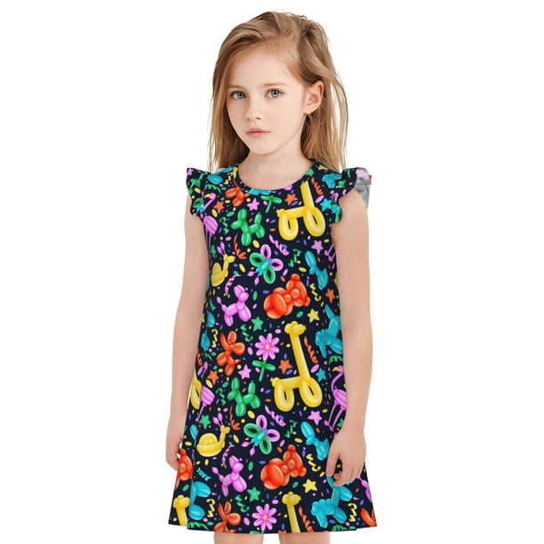 Fotbe Colorful Air Balloons1 Vestido de Dormir para Niñas de 3 a 10 Años, Mangas Cortas, Estilo Princesa, Pijama Camisón con Mangas Voladas-Medium