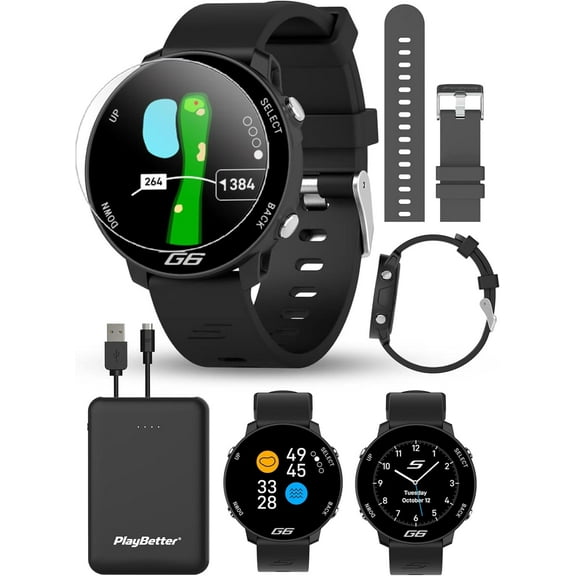 Shot Scope G6 Golf GPS Watch Bundle with Extra Carbon Gray Straps, PlayBetter Portable Charger & HD Screen Protectors