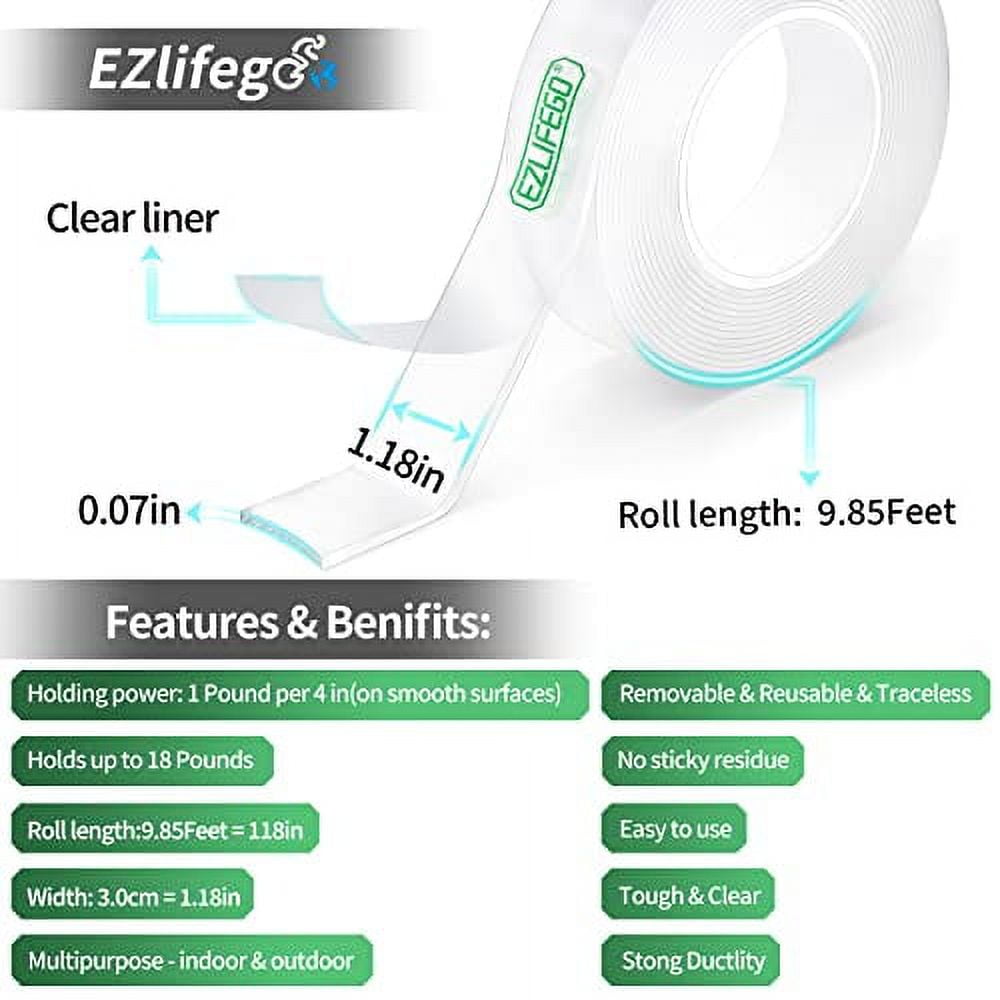 EZlifego Double Sided Tape Heavy Duty (9.85FT), Multipurpose Removable Mounting Tape Adhesive Grip,Washable Strong Sticky Wall Tape Strips Transparent