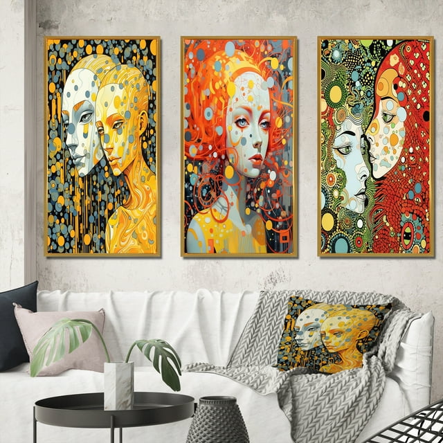 Designart "Hot Robots in Love Retro Romance" Robot Framed Wall Art Set Of 3 - Yellow Modern Frame Gallery Wall Set For Home Decor