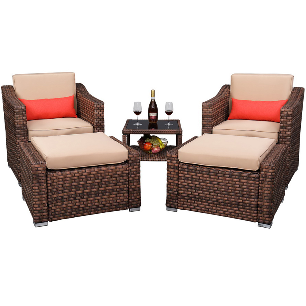 uhomepro 5 Piece Wicker Patio Furniture Set, PE Wicker Rattan Small Patio Set Porch Furniture, Cushioned Patio Chair Set of 2 with Ottomans, Coffee Table, Outdoor Chat Set Conversation Set, Q13955 - image 1 of 13