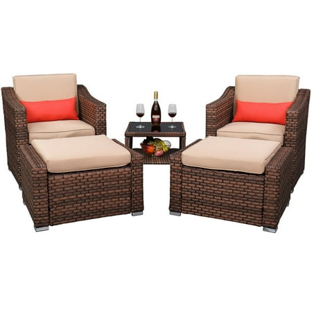 uhomepro 5 Piece Wicker Patio Furniture Set PE Wicker Rattan Small Patio Set Porch Furniture Cushioned Patio Chair Set of 2 with Ottomans Coffee Table Outdoor Chat Set Conversation Set Q13955