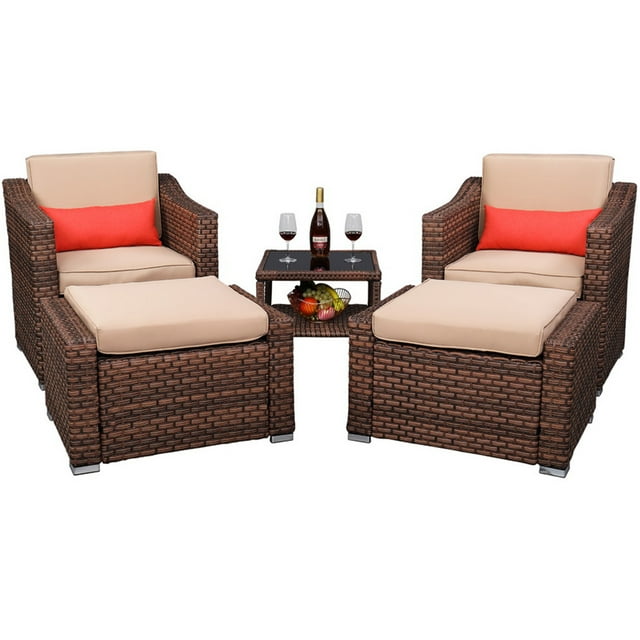 uhomepro 5 Piece Wicker Patio Furniture Set, PE Wicker Rattan Small Patio Set Porch Furniture, Cushioned Patio Chair Set of 2 with Ottomans, Coffee Table, Outdoor Chat Set Conversation Set, Q13955