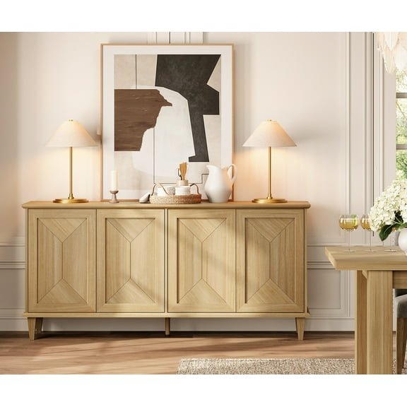 WAMPAT 65-inch Modern Farmhouse Buffet Cabinet with Handcrafted Patchwork Doors, Pop-Up Design Sideboard Credenza with Storage for Dining Room, Kitchen and Living Room, Natural Oak