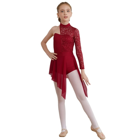 dPois Kids Girls Single Long Sleeve Lace Lyrical Dance Dress Asymmetrical Tulle Skirted Leotard Burgundy 10