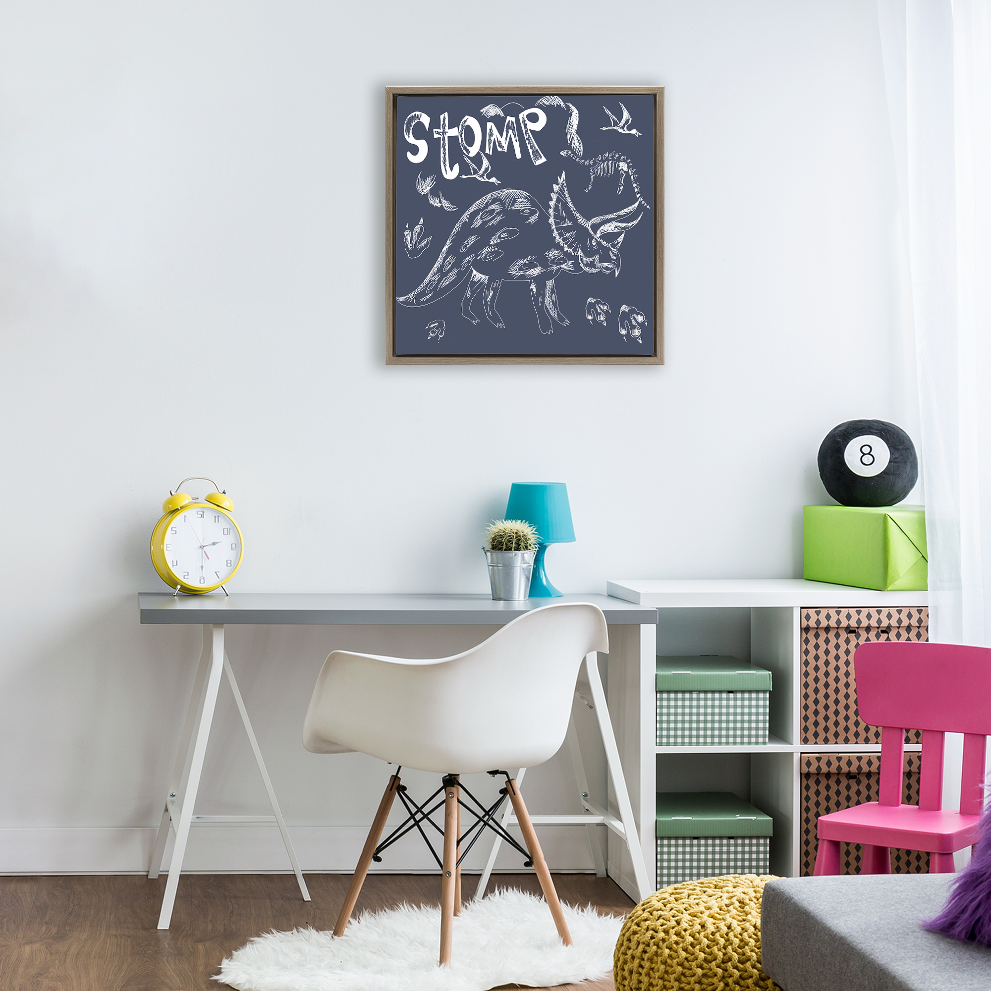Sketchy Stomp Dinosaur Brown Framed Floater Canvas Wall Art, design by HUE and MI and Sangita