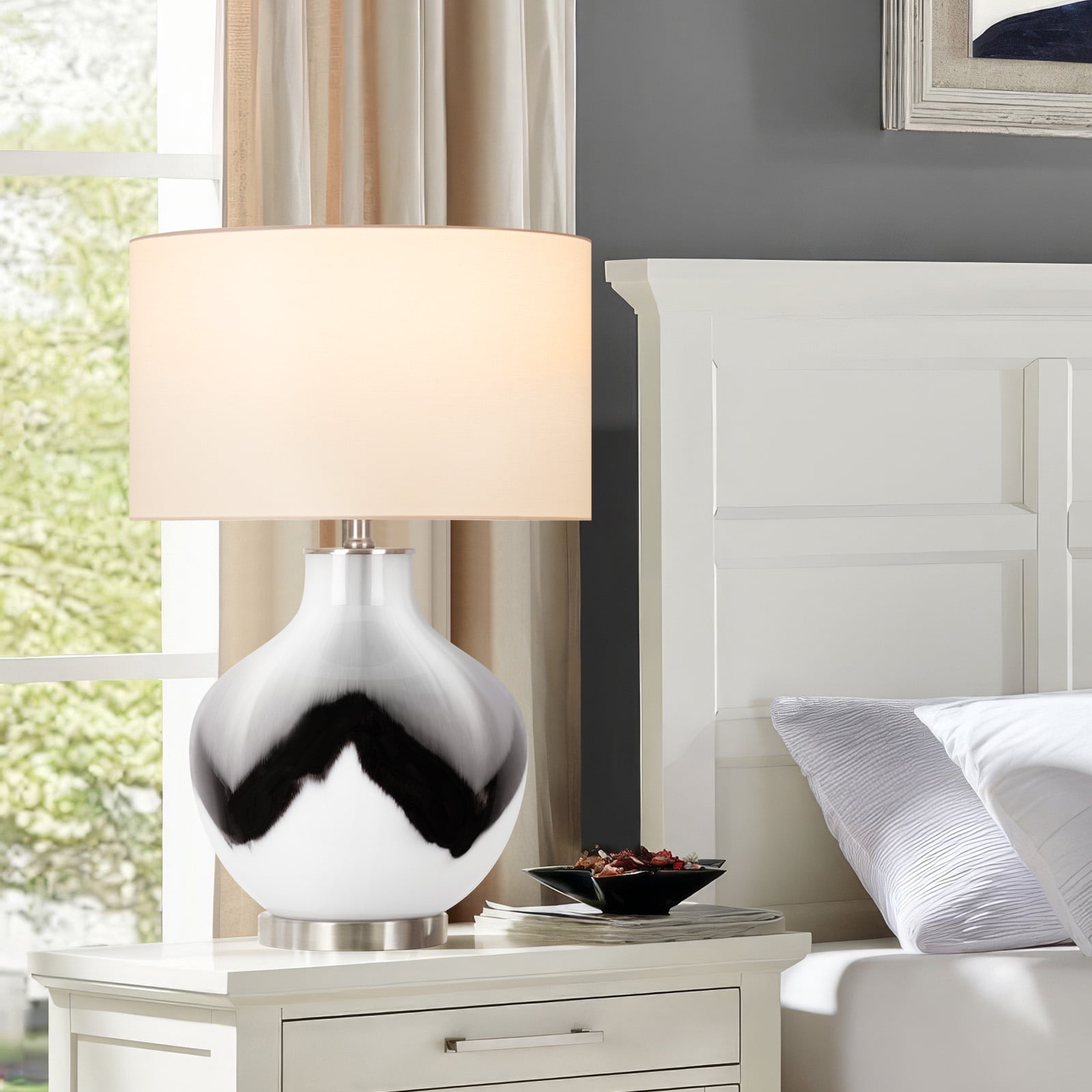 Glass Large Table Lamps for Bedroom, 3 Color Temperature Rotary Switch Bedside Lamps, Modern Nightstand Lamps for Home Lighting Decoration, 1 Pack Black