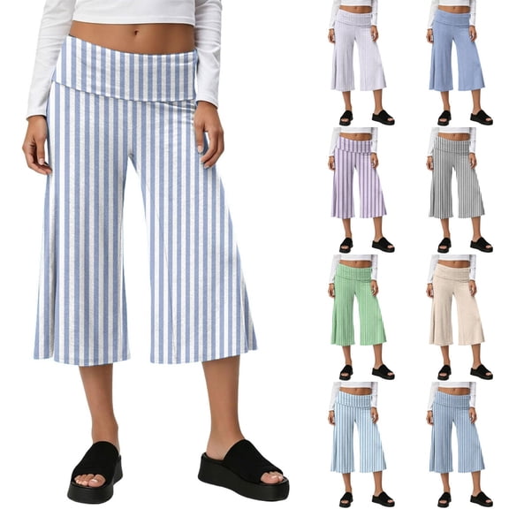 Dwellite Wide Leg Cropped Pants for Women Low Rise Fold Over Stretch Pants for Summer Beach Holiday Streetwear Beige XL