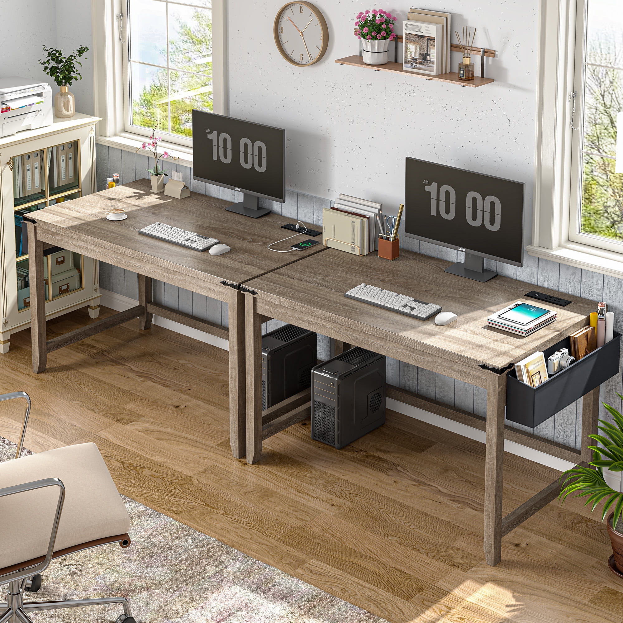 Enhomee Computer Desk with Power Outlet 40.1"W Small Desk for Bedroom, Ash Gray