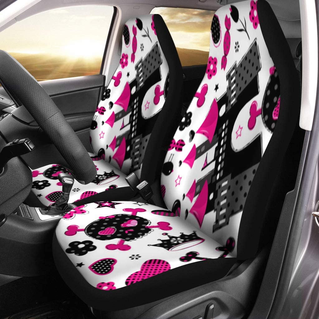 FMSHPON Set of 2 Car Seat Covers Pink Skull Cute Aggressive Black and