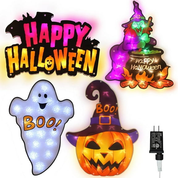 4-Pack Lighted Halloween Window Silhouettes | Ghost, Witch, Jack-O-Lantern, "Happy Halloween" | 20LED Each | 11.6-18.5 Inches | ETL 29V | Waterproof Indoor/Outdoor