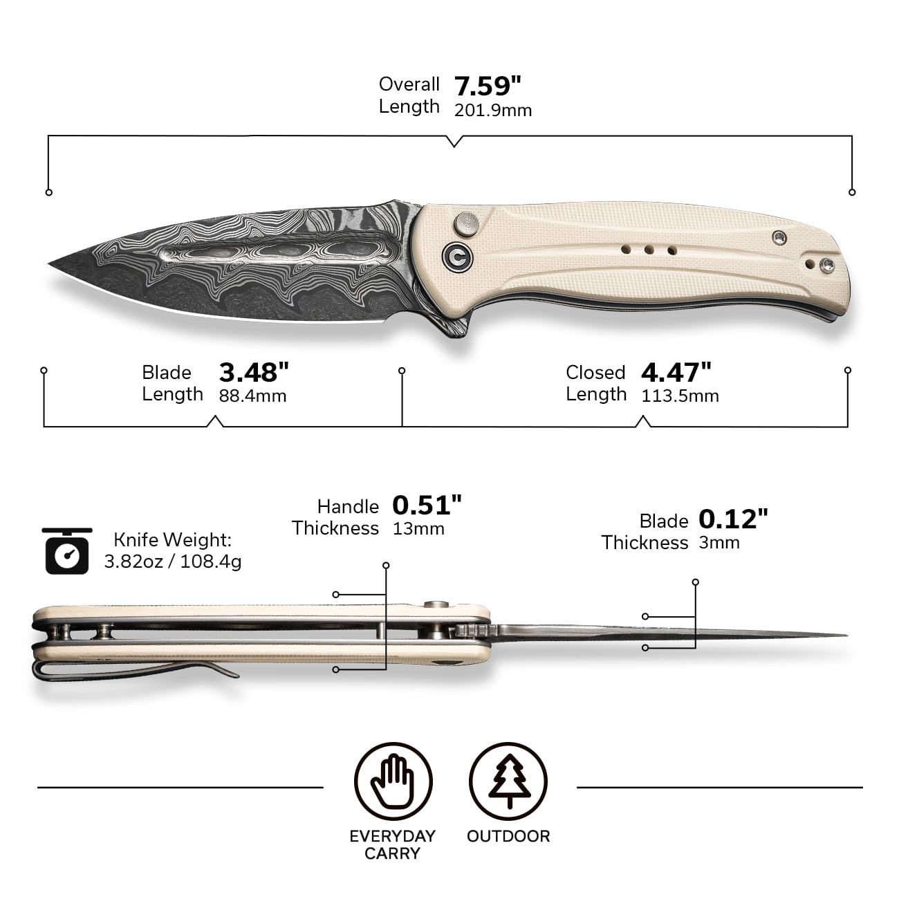 CIVIVI Incindie Pocket Folding Knife with 3.48" Damascus Blade Ivory G10 Handle C23053-DS1