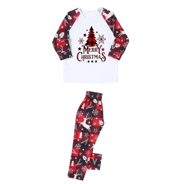 LSLJS Family Pajamas Matching Noël Ensembles, Tenues Parent-Enfant Noël Costumes Patchwork à Carreaux Imprimés Vêtements de Maison Col Rond Manches Longues Pajamas Ensemble Deux Pièces Enfants for Vacances Noël Sleepwear Ensemble