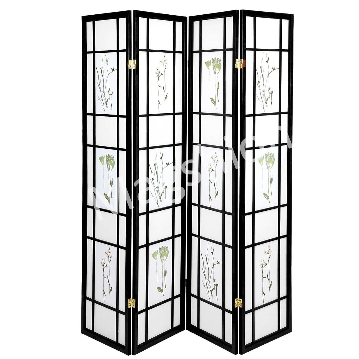 Oriental Room Divider Curtains Hardwood Shoji Panels Screen 4 Panel Small FloweredBlack