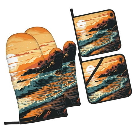 

Haiem Serene Ocean Sunset Print Extra Long Oven Mitts and Pot Holders 4pc Sets: Heat Resistant Silicone Oven Mittens with Mini Oven Gloves and Hot Pads Potholders