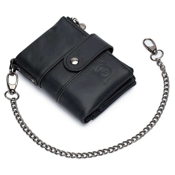 Men Vintage Cow Leather Wallet Card Holder Wallet Purse with Chain