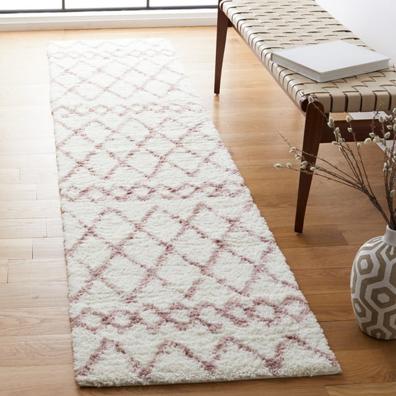 SAFAVIEH Berber Feride Geometric Shag Runner Rug, Ivory/Light Rose, 2'2" x 9'