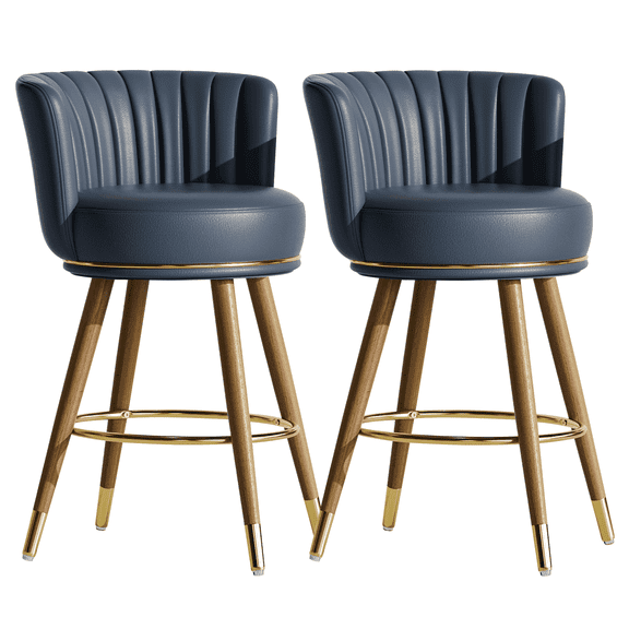 Genpo Counter Height Bar Stools, Round Seat Swivel Bar Stool Set of 2, 26 inch Low Back Leather Bar Chair with Wood Leg for Kitchen Island 300lbs, Navy
