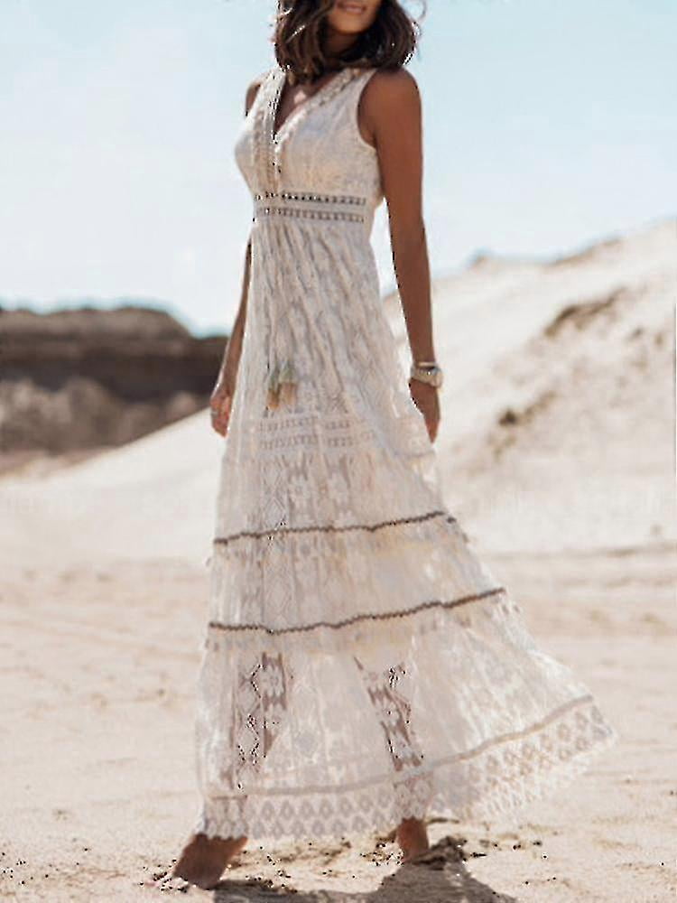Summer Boho Long Dresses Women Lace V Neck Spaghetti Strap Dress Lady Off  Shoulder Beach Sundress White Dress - Walmart.ca