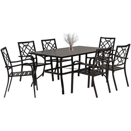SOLAURA 7-Piece Patio Furniture Outdoor Dining Set with Patio Stacked Metal Chairs and Slat Table Top with 1.57" Umbrella Hole (Black)