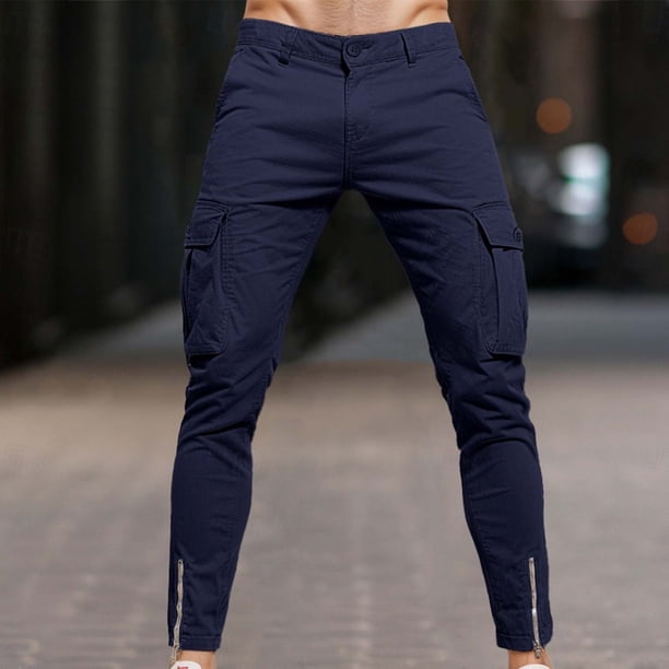 Pantalones largos para hombre, moda informal, color liso, botones, cremallera, bolsillo, ropa de trabajo, pantalones, blusa y pantalones de poliéster para hombre