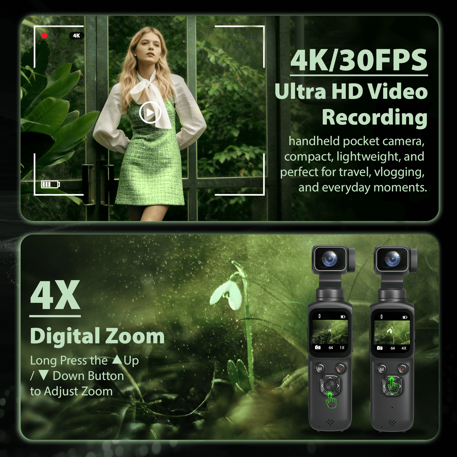 Saneen 4K Vlogging Camera 75MP Handheld Cameras Touchscreen Pocket Video Recorder with 330° Rotating Lens Face Tracking Camera with Tripod & 16GB Card