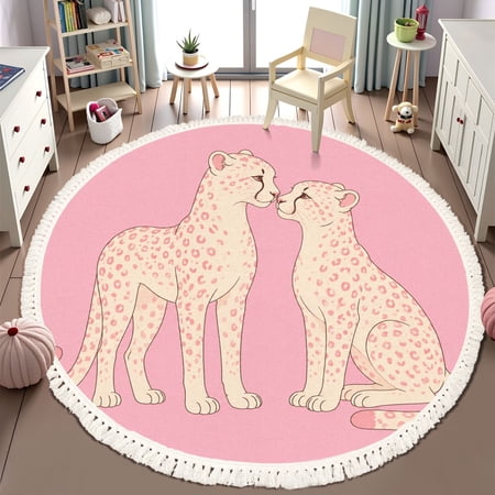 Washable Non Slip 6ft Round Rug Pink Cheetah Funky Preppy Dopamine Animal Minimalist Aesthetic Leopard Circle Area Rugs with Tassels Carpet for Nursery Bedroom Living Room Playroom Tent Rug
