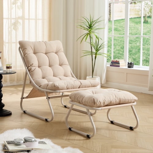 Villeston Outdoor Lounge Chair with Ottoman, Comfy Sling Recliner Chair with Puffy Cushion and Foot Stool,Beige