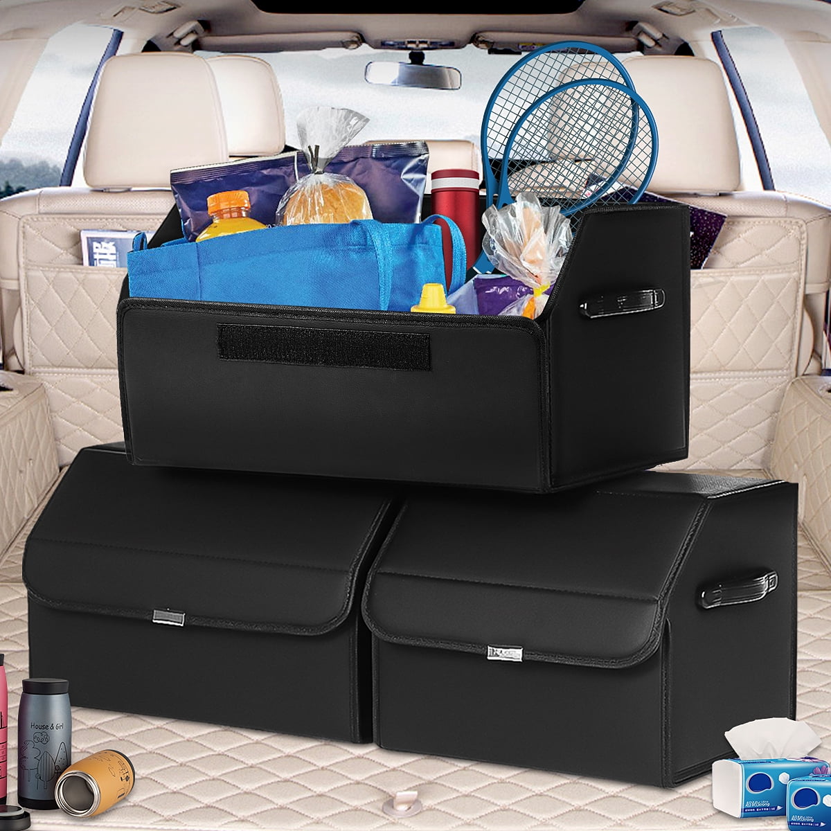 Stoneway Collapsible Car Trunk Leather Storage Organizer with Lid