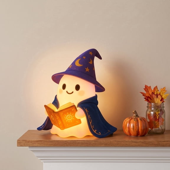 Cute Friendly Ghost Reading Book LED Night Light - Halloween Decorations for Home, Warm Glow Lighted Figurine for Mantel Tabletop, 5.9" x 4.3" x 3.1"