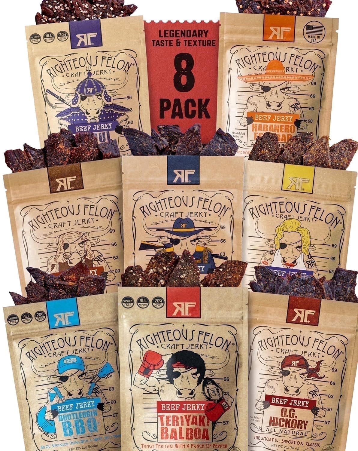 Righteous Felon Beef Jerky Sampler 8 Pack - Keto, High Protein, Low Sugar Gifts for Men