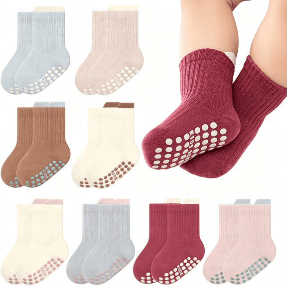 TELOLY 8 Pairs Baby Toddler Socks Non-Slip Grip Socks for Boys Girls Newborn Infant Baby Cotton Crew Sock with Grips 0-5T Baby Socks