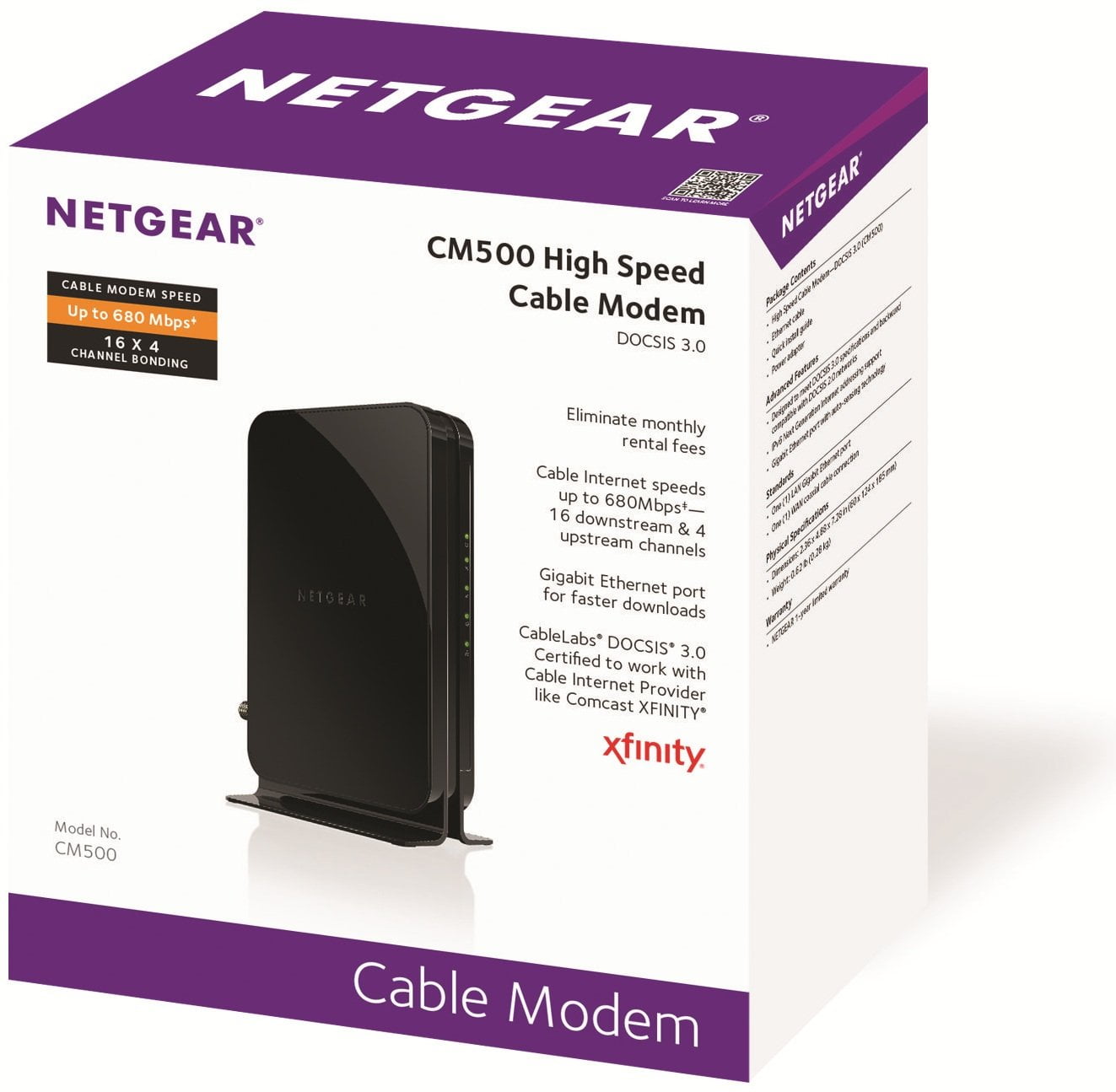 NETGEAR CM500 (16x4) DOCSIS 3.0 Cable Modem. Max download speeds of  680Mbps. Certified for XFINITY by Comcast, Time Warner Cable, Cox, Charter  & more (CM500) 