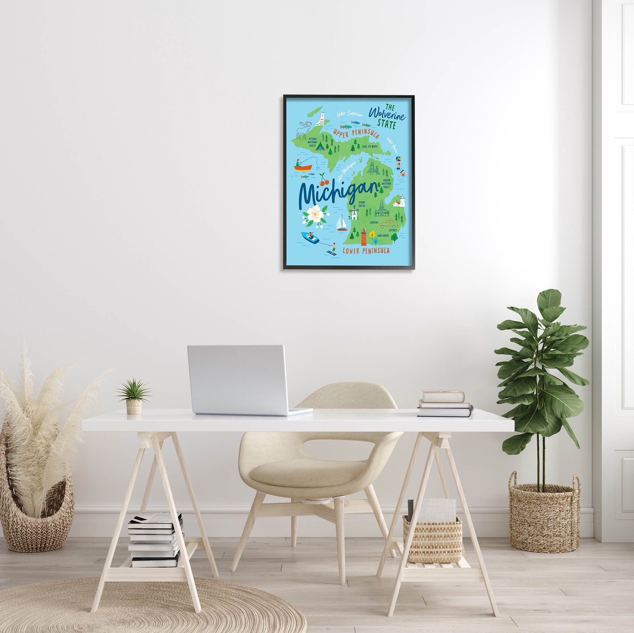 Stupell Industries Everyday Michigan Illustrated Map Graphic Art Black Framed Art Print Wall Art, Design by Nina Seven