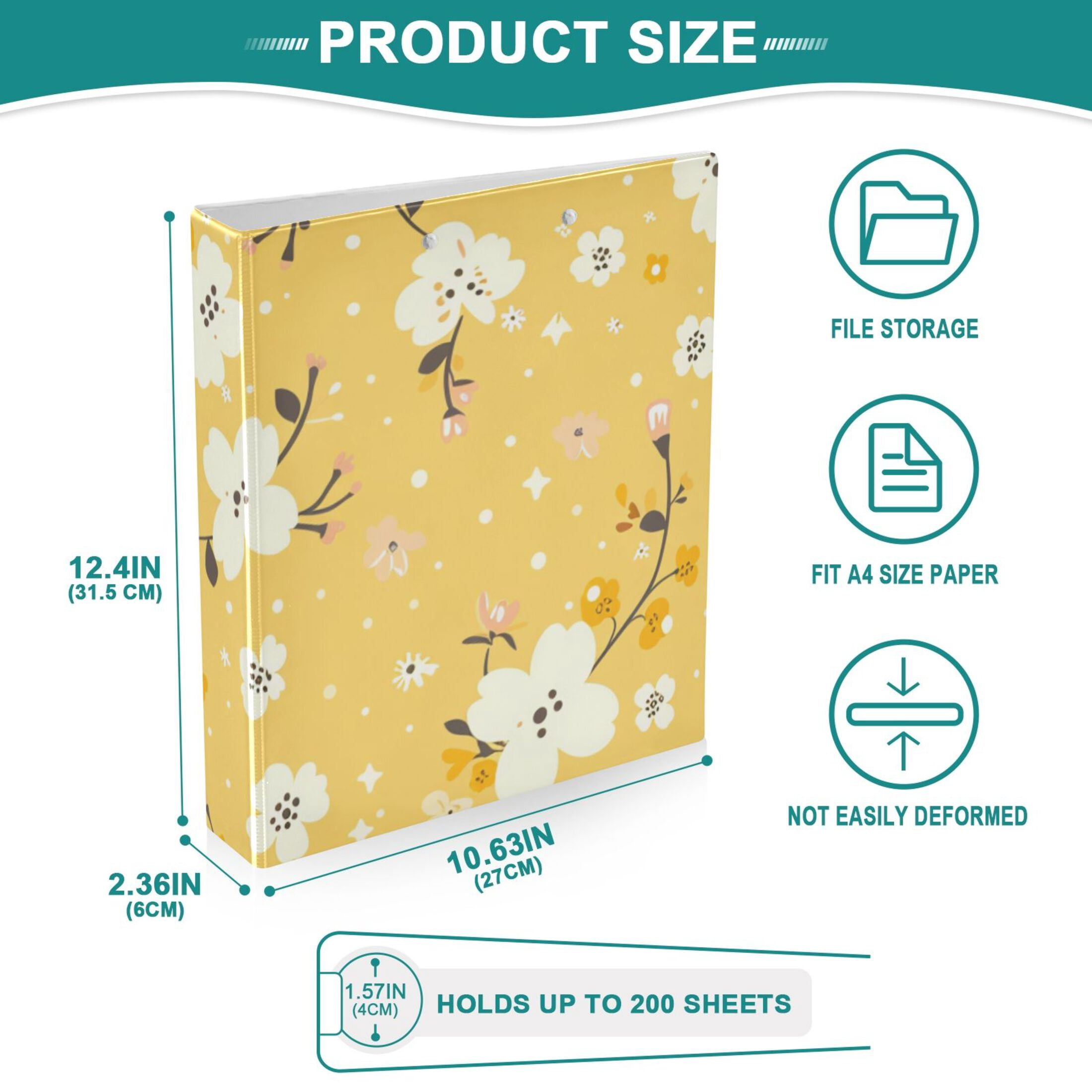 Yellow Floral 3 Ring Binders 1.5 inch Hardcover File Folders with Interior Pockets A4 Size Organizer for School Office Hospital