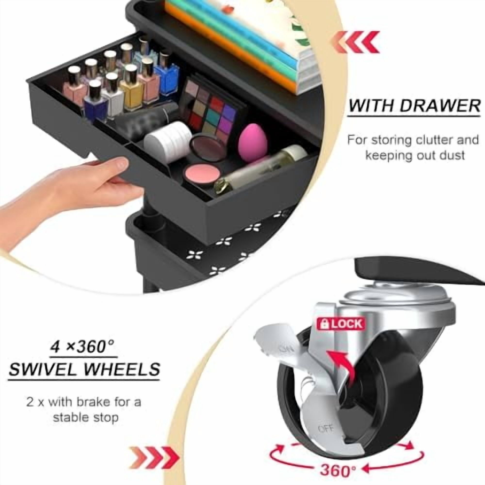 3 Tier Rolling Utility Cart Organizer with Removable Drawer, Stable and Sturdy Black Rolling Storage Carts with 2 Lockable Wheels for Bathroom, Kitchen, Snack, Craft, Makeup, Baby Essentials