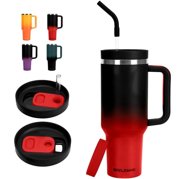 40 oz Tumbler with Handle and Straw Spout 2-in-1 Lid, Stainless Steel Travel Cup, Insulated Traveler Mug for Car Office Gym, Water Bottle for Cold Hot Beverage, Black Red