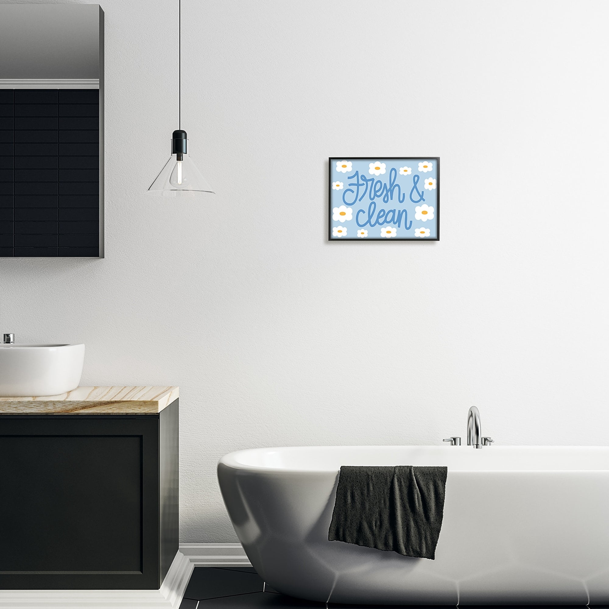 Stupell Industries Fresh & Clean Blue Daisy Pattern Typography Painting Gray Framed Art Print Wall Art