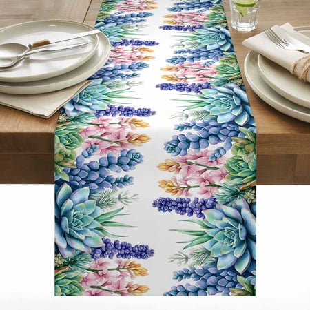 Colorful Succulents Cotton Linen Table Runner Spring Green Teal Flower Floral Botanical Farm Dining Table Runners for Home Decor Party Dining Room Restaurant Kitchen 13 x 72
