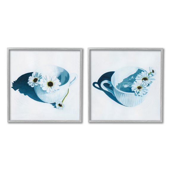 Stupell Industries Floral Sprigs in Teacup Botanical & Floral Painting Gray Framed Art Print Wall Art, 12 x 12, Set of 2