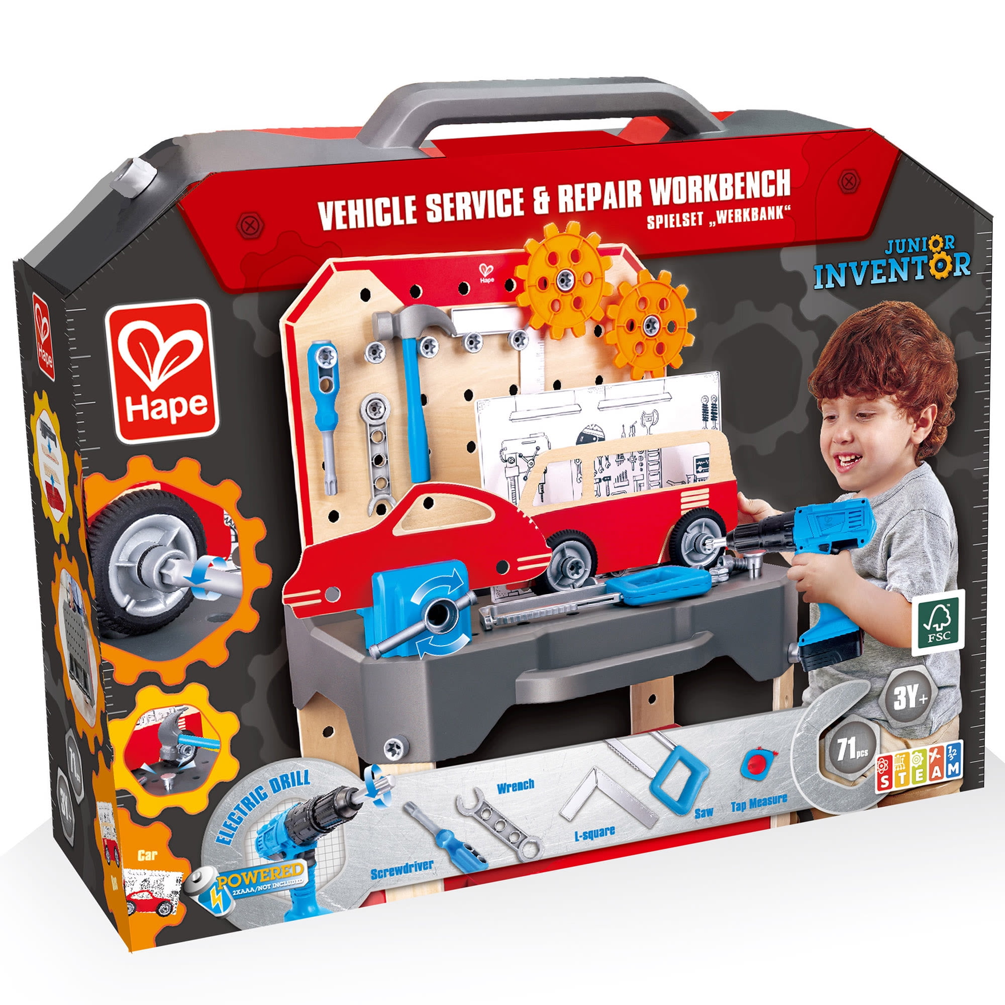 Hape: Junior Inventor: Vehicle Service & Repair Workbench - 71pc, Wooden Toy Tool Station, Battery Powered Electric Drill, STEM Playset, Kids Ages 3+