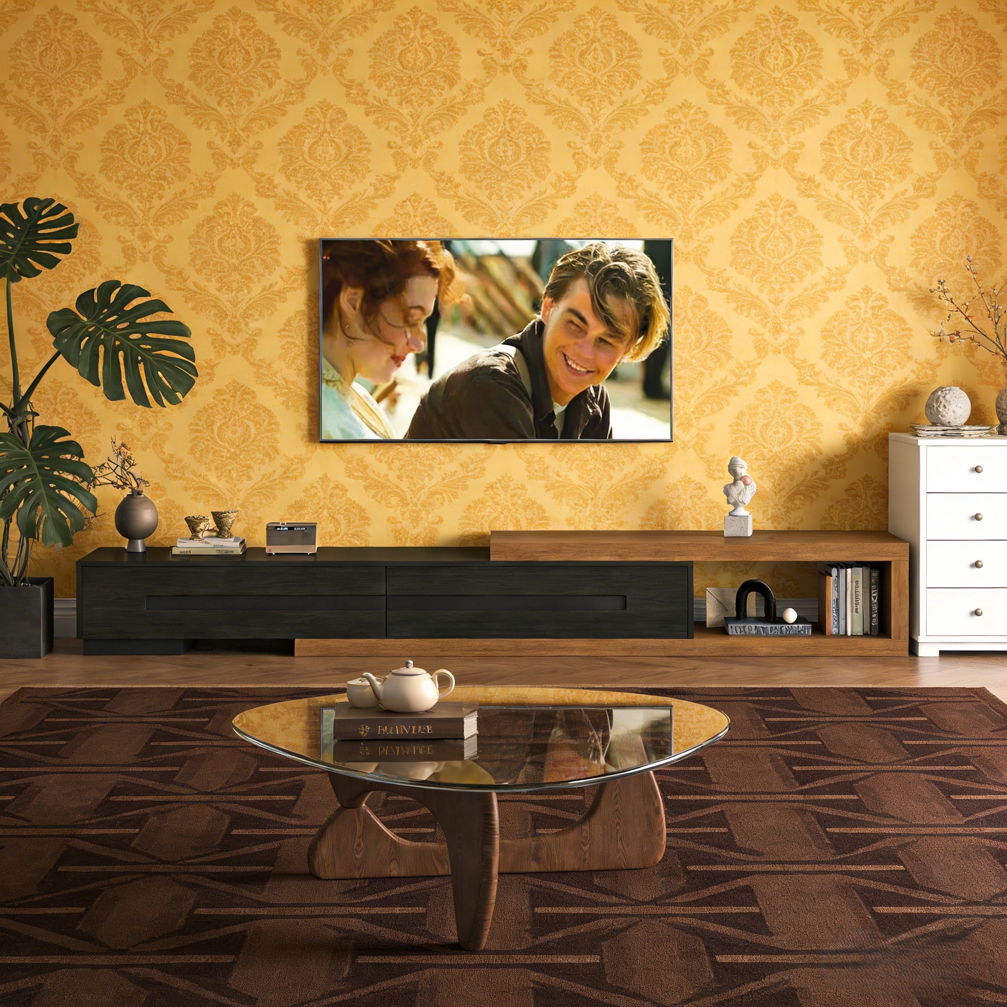 JassmiPkwy Extendable TV Stand for 120 Inch TV, Wood Modern Entertainment Center with 2 Drawer, Black