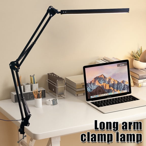 Long Arm Clamp Lamp - Black Metal Clip Base, Adjustable Gooseneck, LED Reading Desk Light for Office, Drawing, Dorm Room