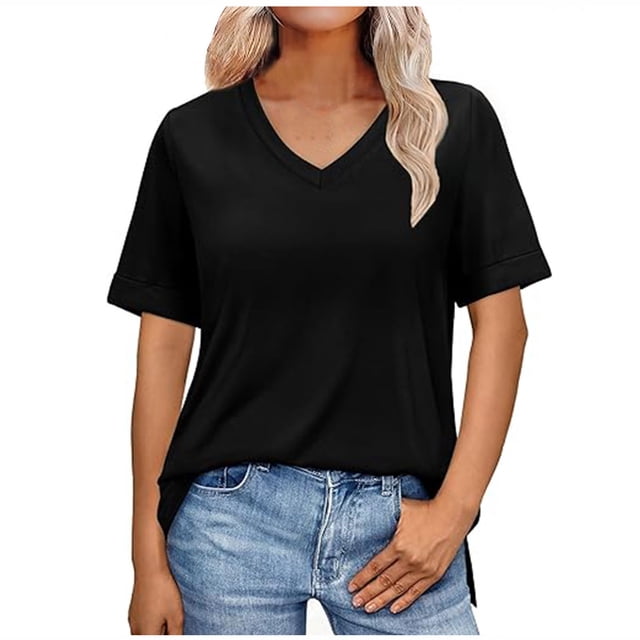 Womens Short Sleeve T Shirts Loose Fit V-Neck Summer Casual Basic Tee Solid Color Business Work Trendy Tops