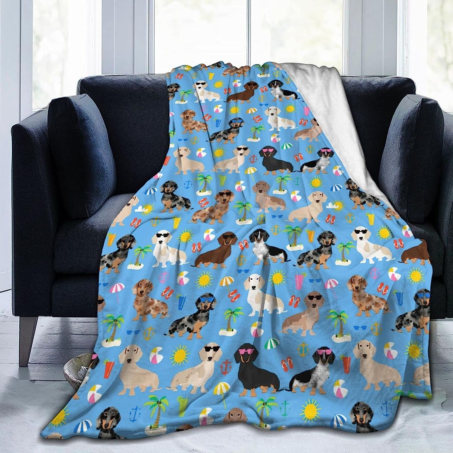 SdmnsgT Beach Vacation Blue Dog Print Throw Soft Warmth Flannel