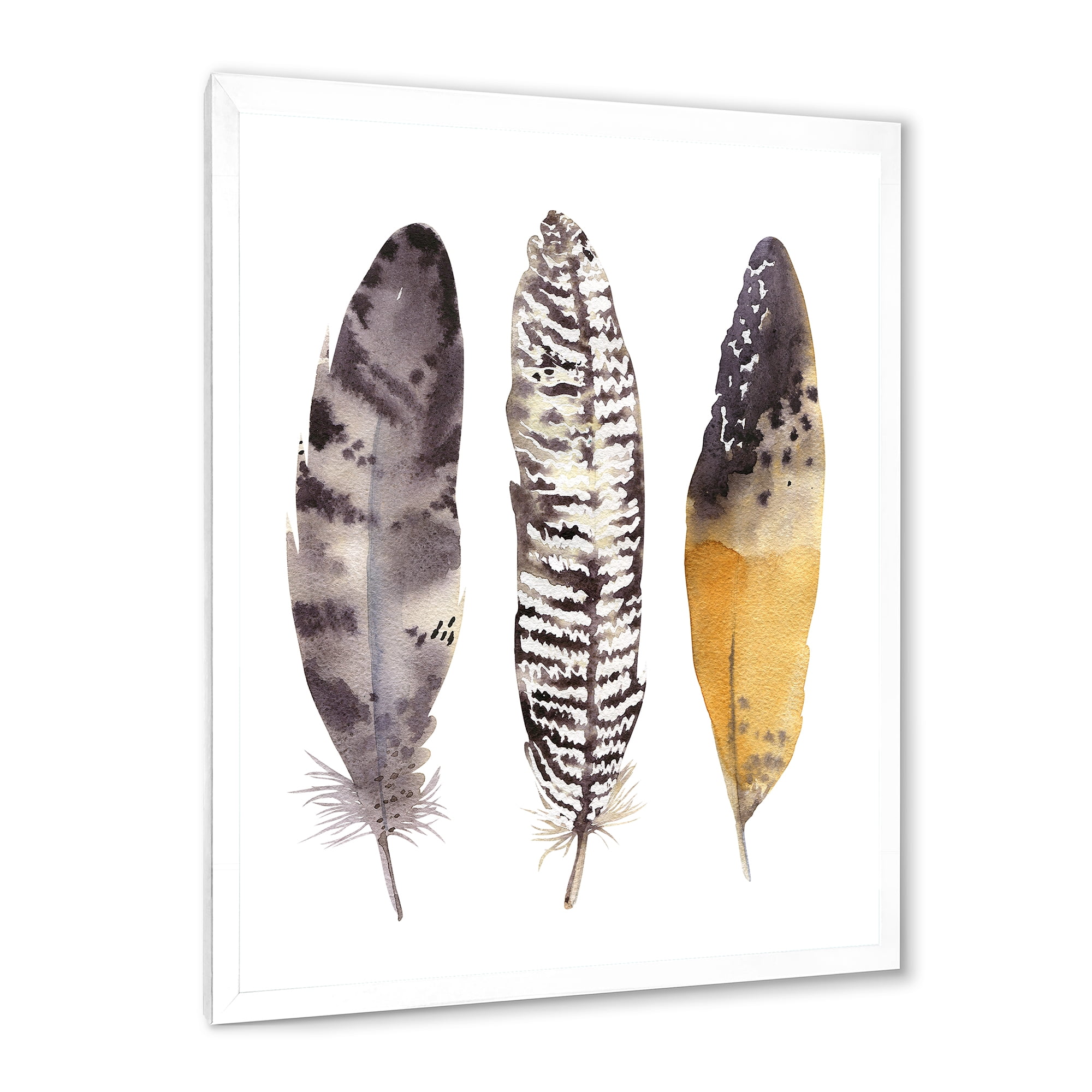 Designart 'Boho Ethnic Art Dark Gray Feathers III' Bohemian & Eclectic Framed Art Print